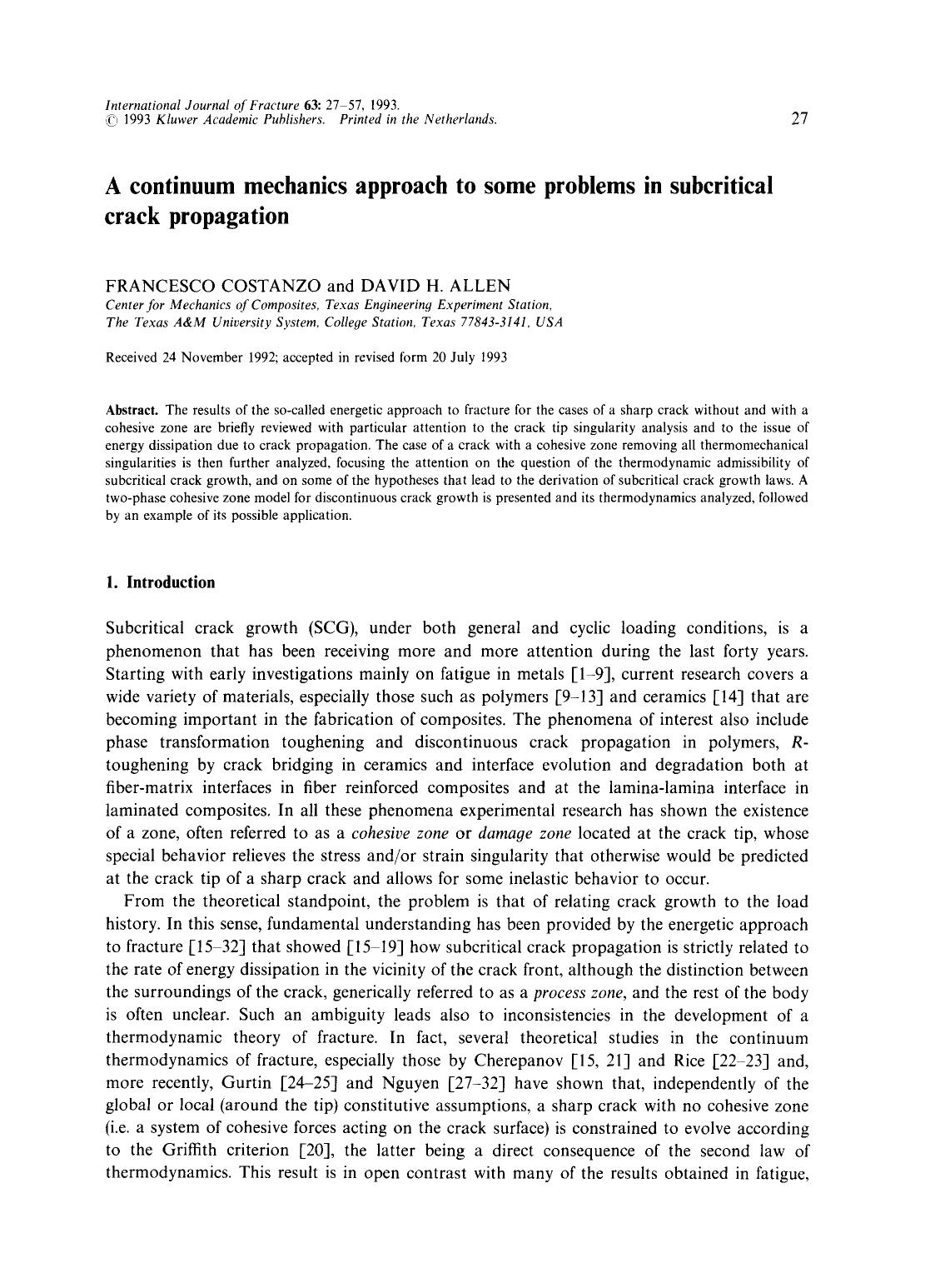 A continuum mechanics approach to some problems in subcritical crack propagation by Unknown