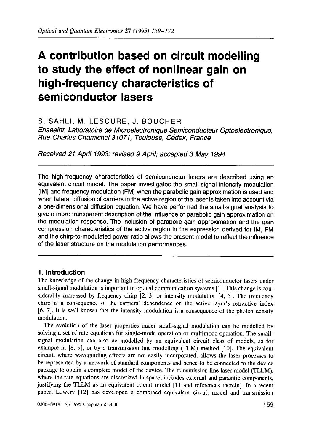 A contribution based on circuit modelling to study the effect of nonlinear gain on high-frequency characteristics of semiconductor lasers by Unknown