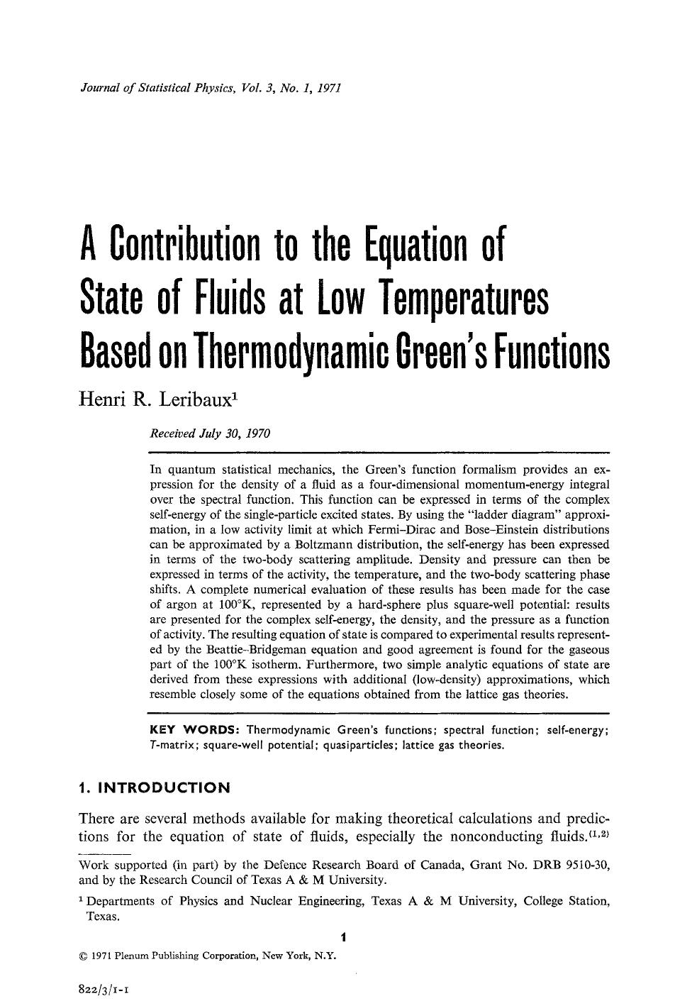 A contribution to the equation of state of fluids at low temperatures based on thermodynamic Green's functions by Unknown