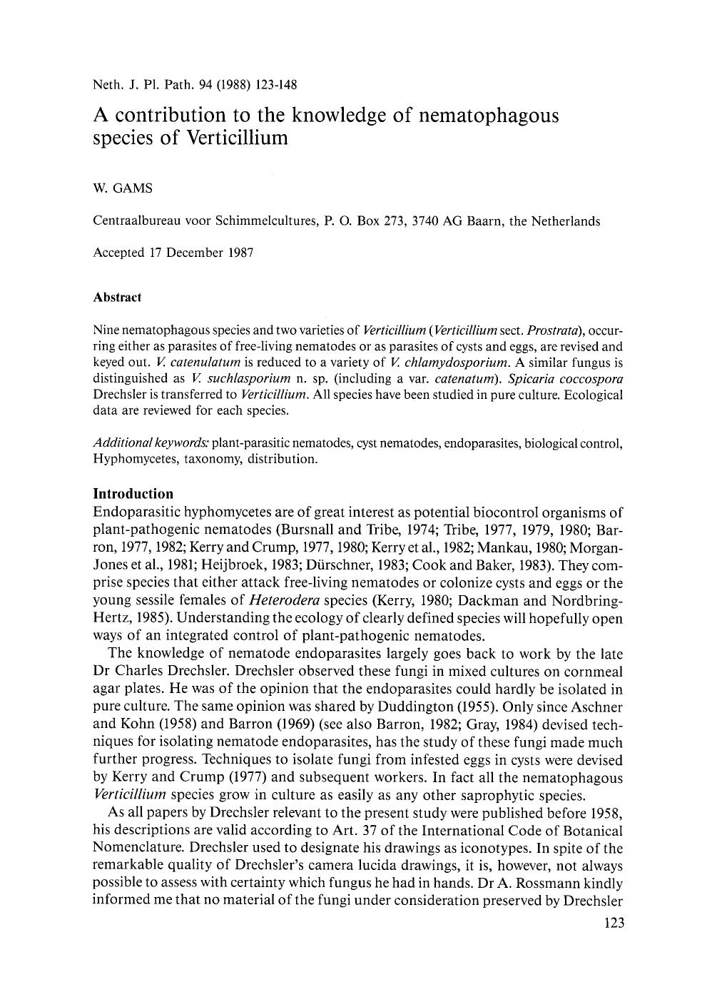 A contribution to the knowledge of nematophagous species of Verticillium by Unknown