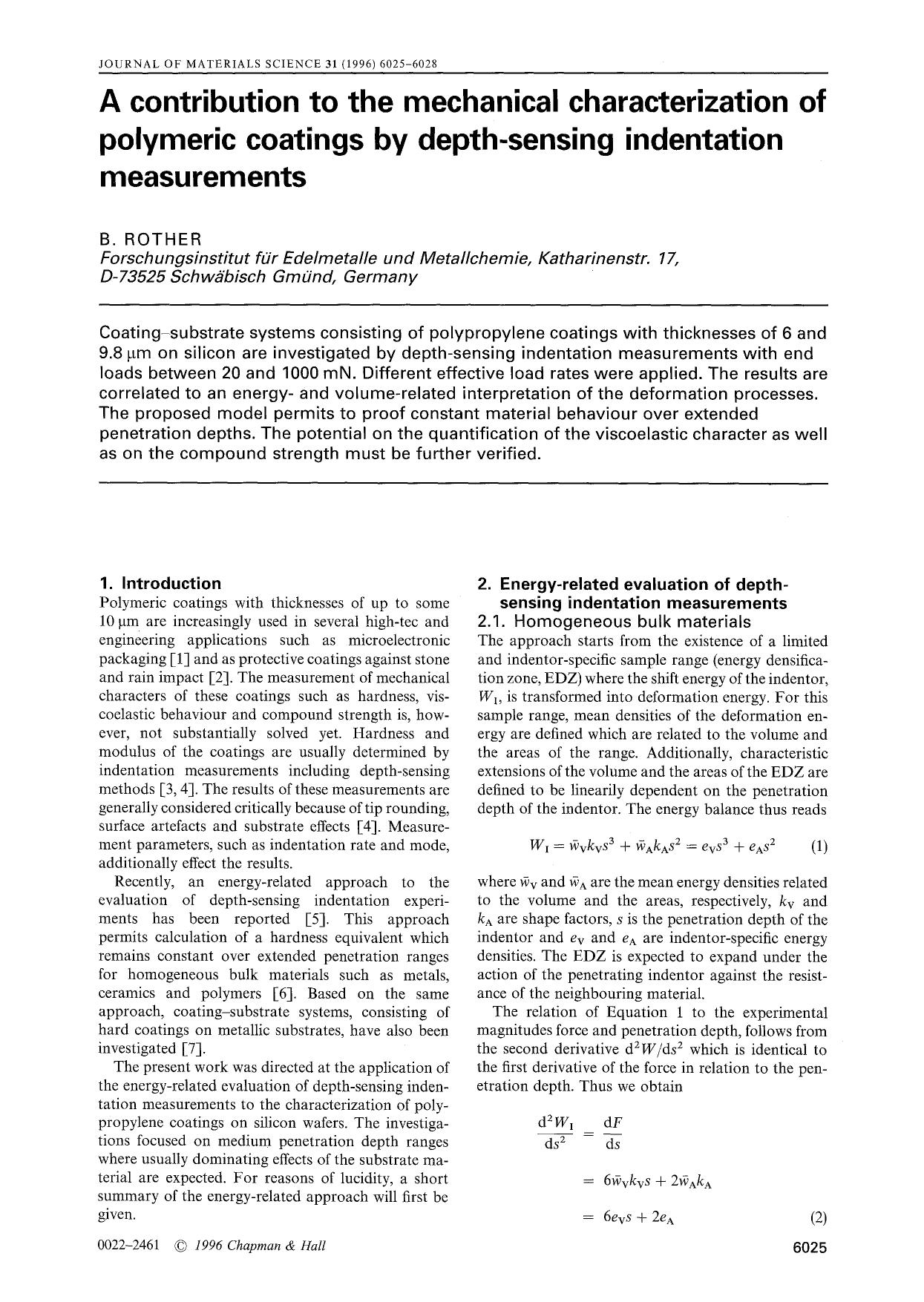 A contribution to the mechanical characterization of polymeric coatings by depth-sensing indentation measurements by Unknown