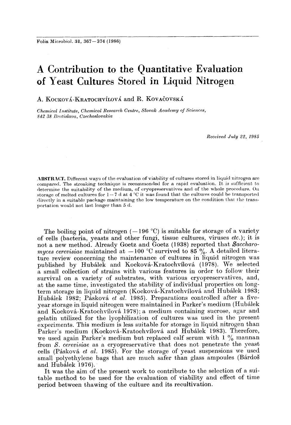 A contribution to the quantitative evaluation of yeast cultures stored in liquid nitrogen by Unknown
