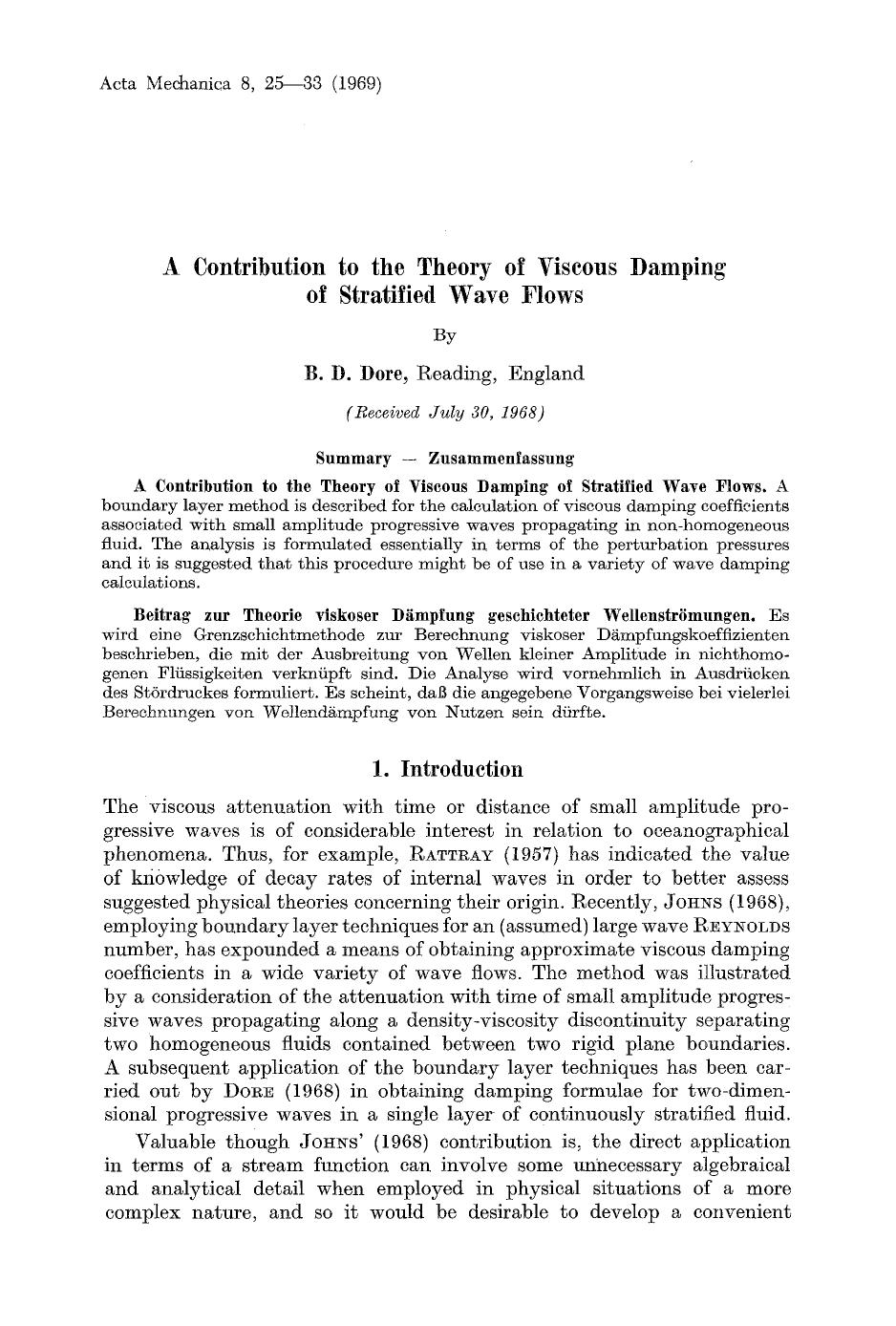 A contribution to the theory of viscous damping of stratified wave flows by Unknown
