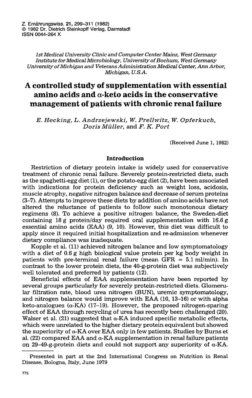 A controlled study of supplementation with essential amino acids and &#x03B1;-keto acids in the conservative management of patients with chronic renal failure by Unknown