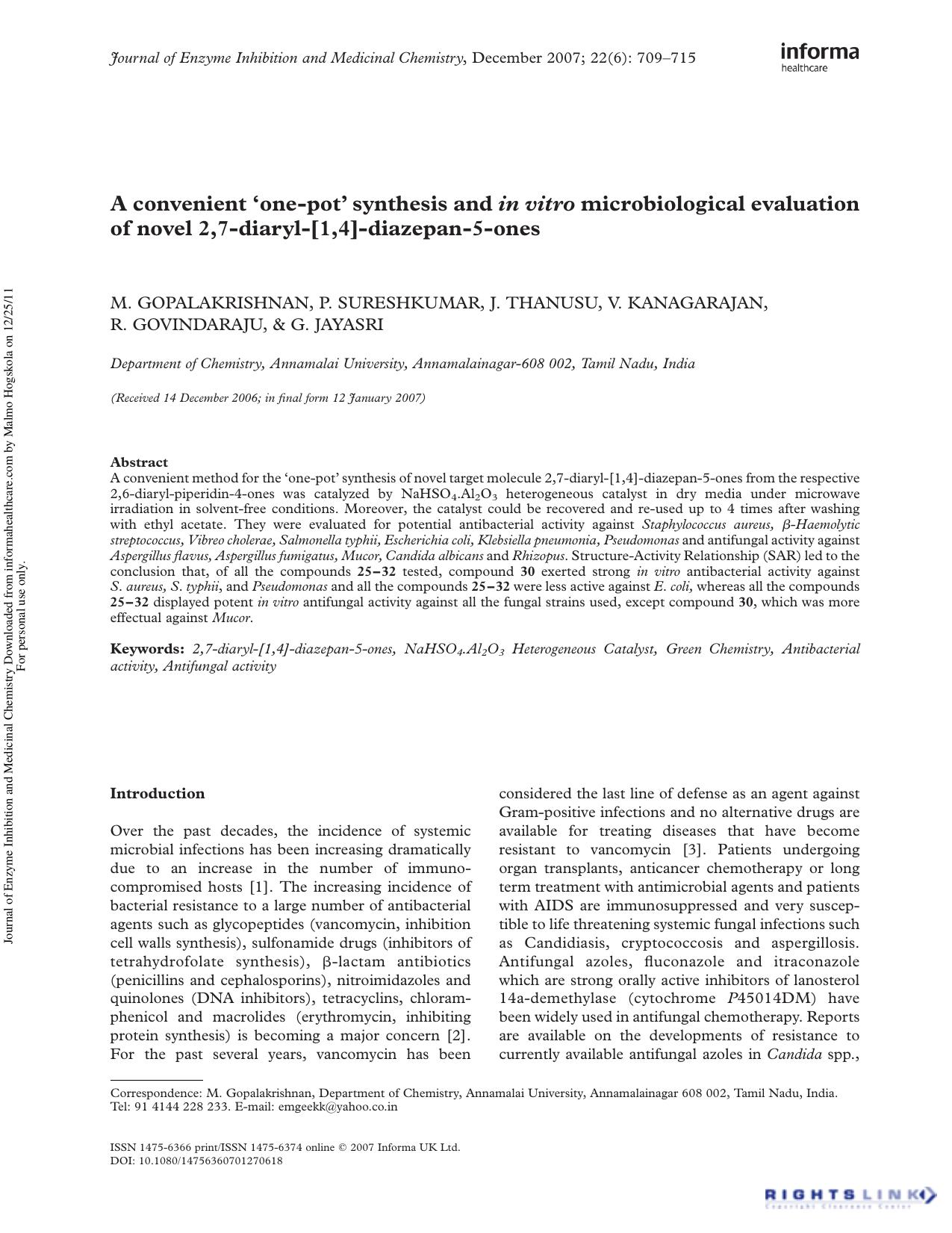 A convenient âone-potâ synthesis and in vitro microbiological evaluation of novel 2,7-diaryl-[1,4]-diazepan-5-ones by M. Gopalakrishnan P. Sureshkumar J. Thanusu V. Kanagarajan R. Govindaraju & G. Jayasri