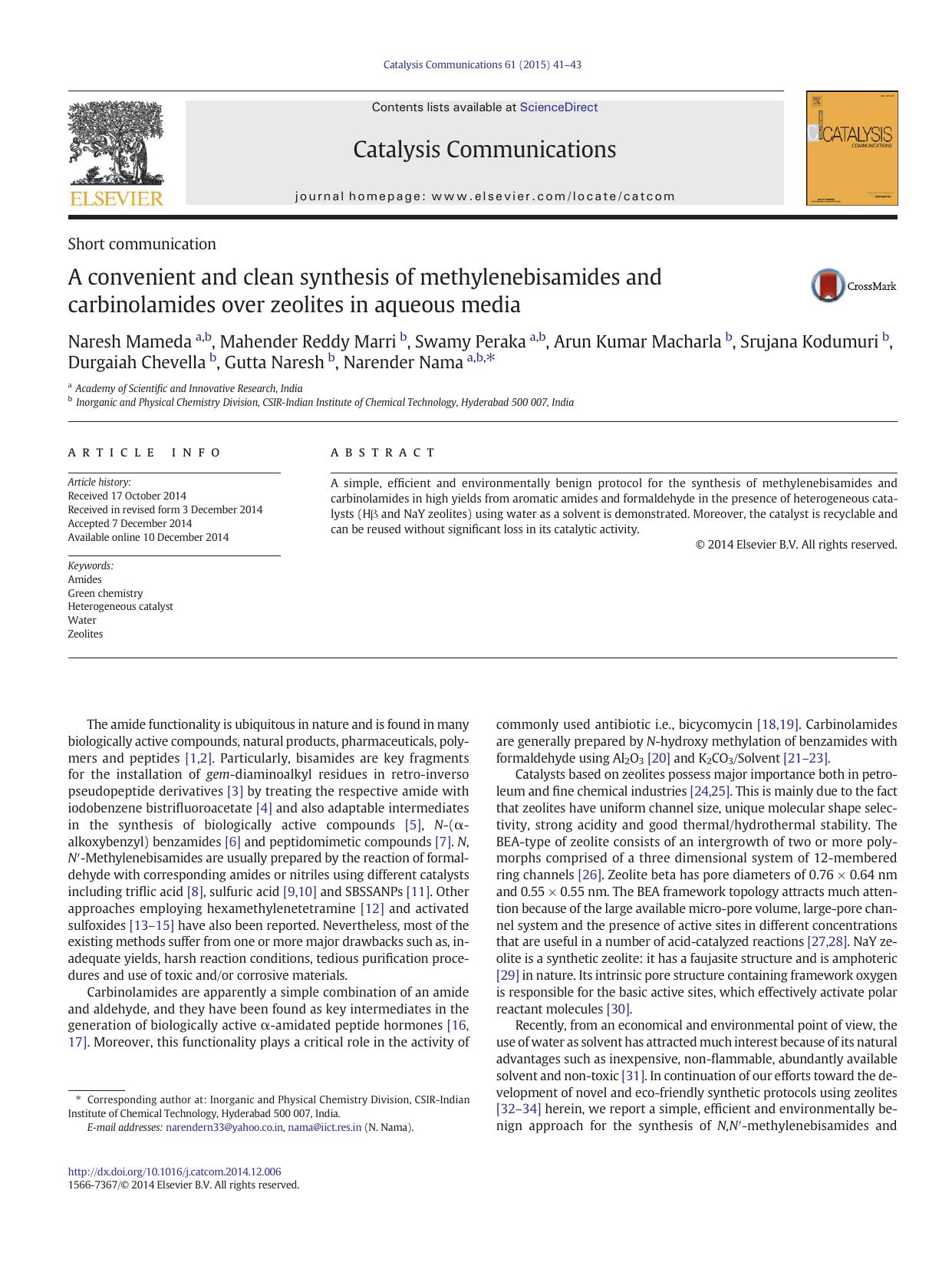 A convenient and clean synthesis of methylenebisamides and carbinolamides over zeolites in aqueous media by unknow