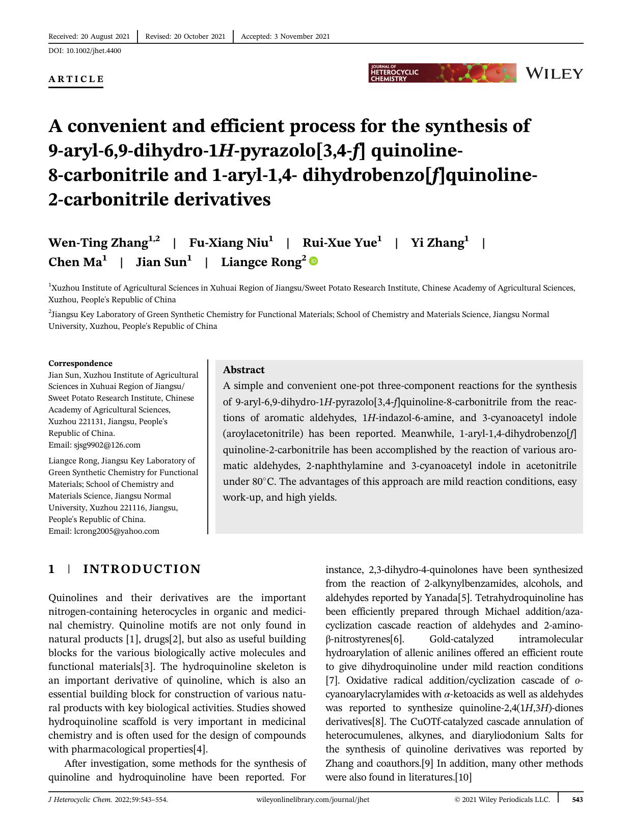 A convenient and efficient process for the synthesis of 9-aryl-6,9-dihydro-1H-pyrazolo[3,4-f] quinoline-8-carbonitrile and 1-aryl-1,4- dihydrobenzo[f]quinoline-2-carbonitrile derivatives by Unknown