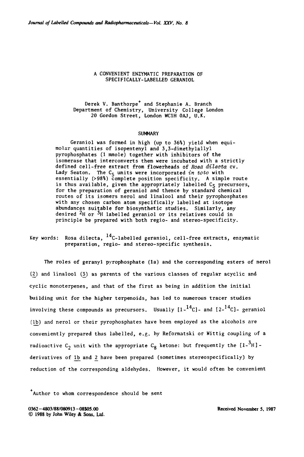 A convenient enzymatic preparation of specifically-labelled geraniol by Unknown