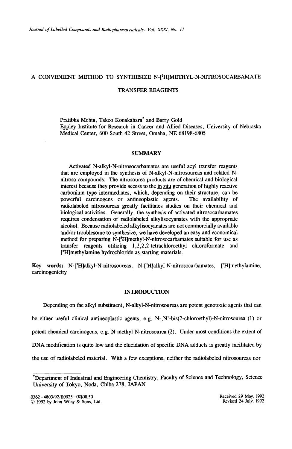 A convenient method to synthesize N-[3H]methyl-N-nitrosocarbamate transfer reagents by Unknown