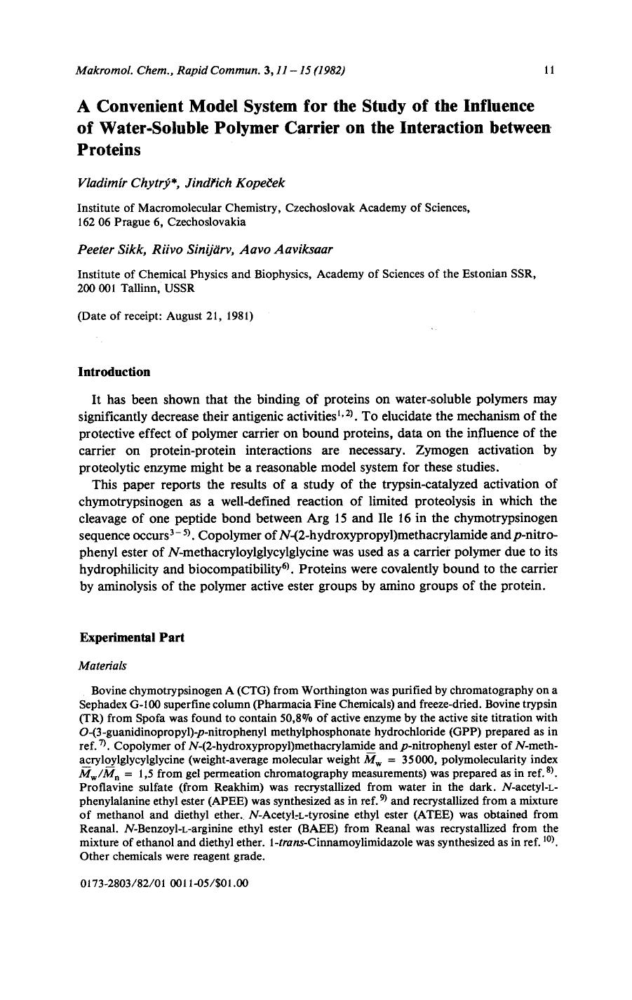 A convenient model system for the study of the influence of water-soluble polymer carrier on the interaction between proteins by Unknown