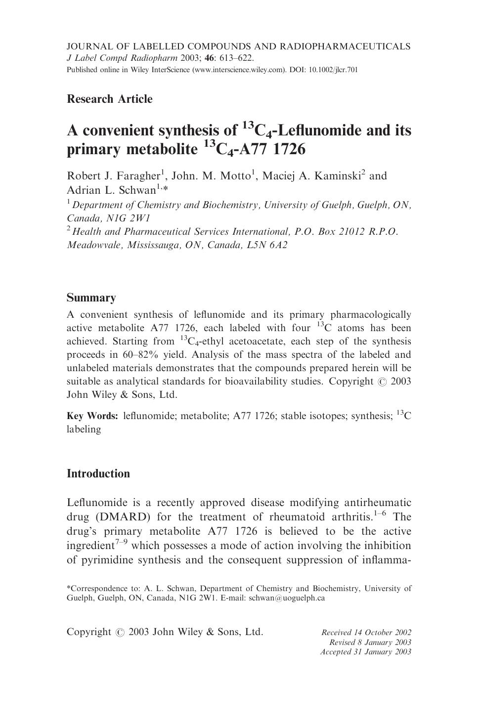 A convenient synthesis of 13C4-Leflunomide and its primary metabolite 13C4-A77 1726 by Unknown