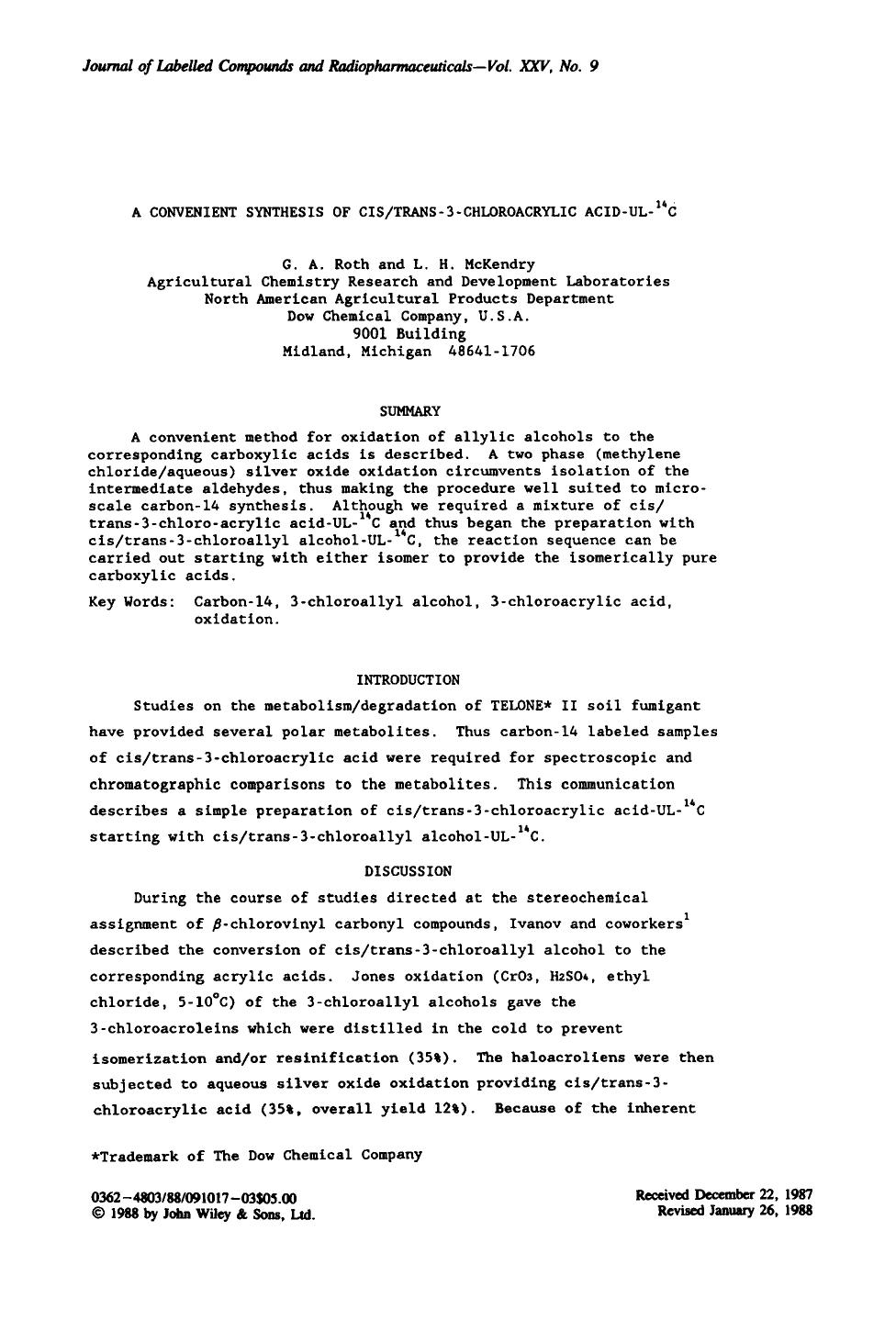 A convenient synthesis of CIStrans-3-chloroacrylic acid-UL-14C by Unknown
