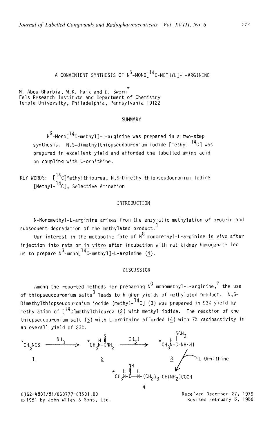 A convenient synthesis of NG-mono[14C-methyl]-L-arginine by Unknown