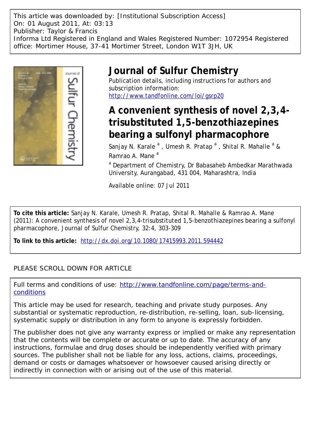 A convenient synthesis of novel 2,3,4-trisubstituted 1,5-benzothiazepines bearing a sulfonyl pharmacophore by unknow