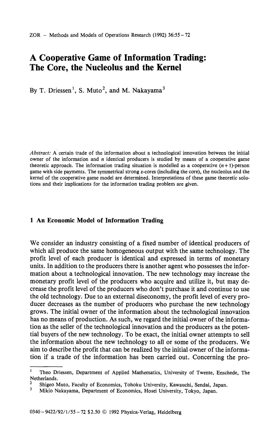 A cooperative game of information trading: The core, the nucleolus and the kernel by Unknown