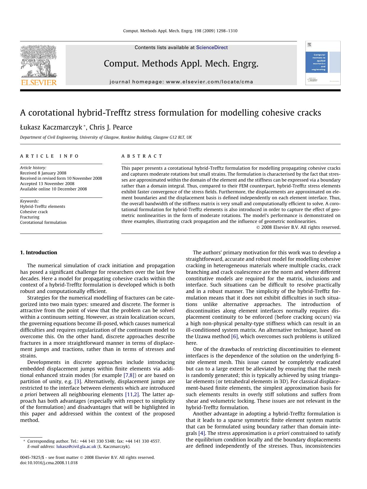 A corotational hybrid-Trefftz stress formulation for modelling cohesive cracks by Łukasz Kaczmarczyk; Chris J. Pearce
