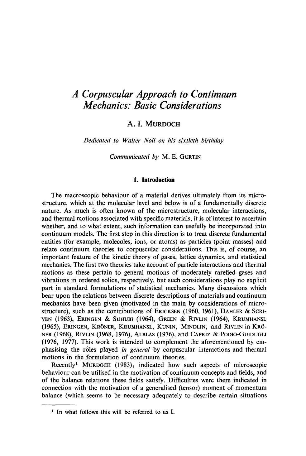A corpuscular approach to continuum mechanics: Basic considerations by Unknown