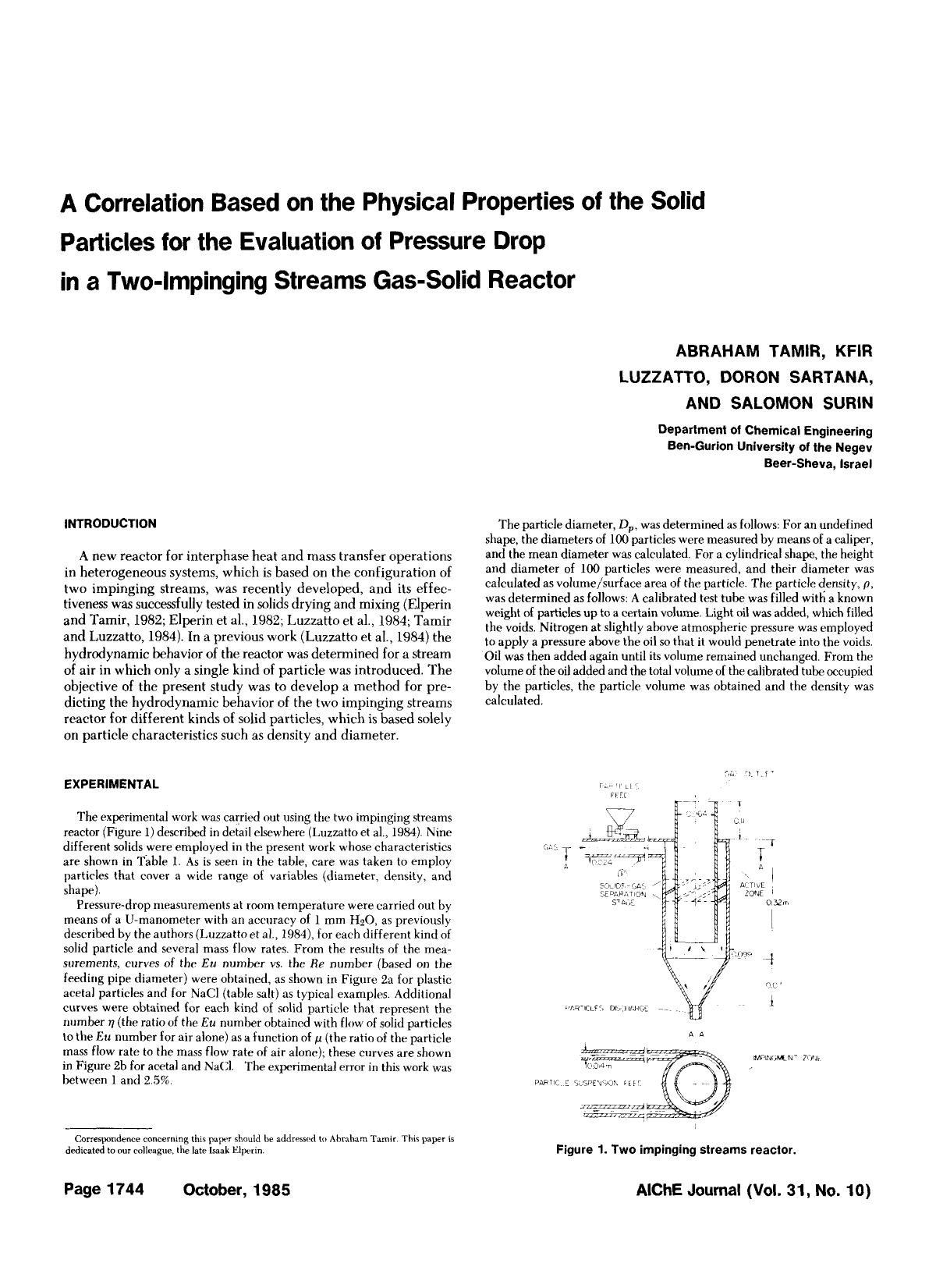 A correlation based on the physical properties of the solid particles for the evaluation of pressure drop in a two-impinging streams gas-solid reactor by Unknown