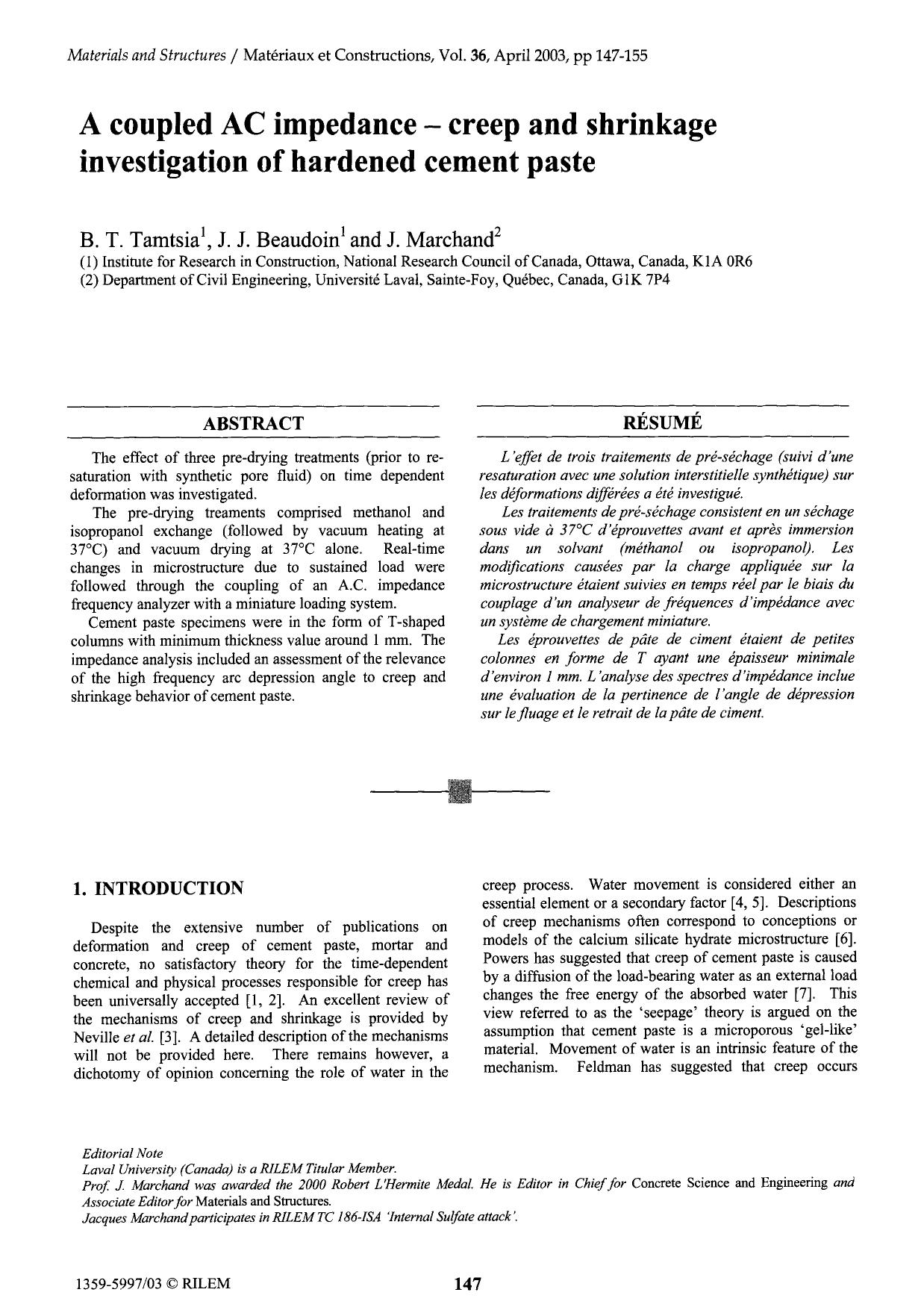 A coupled AC impedance—creep and shrinkage investigation of hardened cement paste by Unknown
