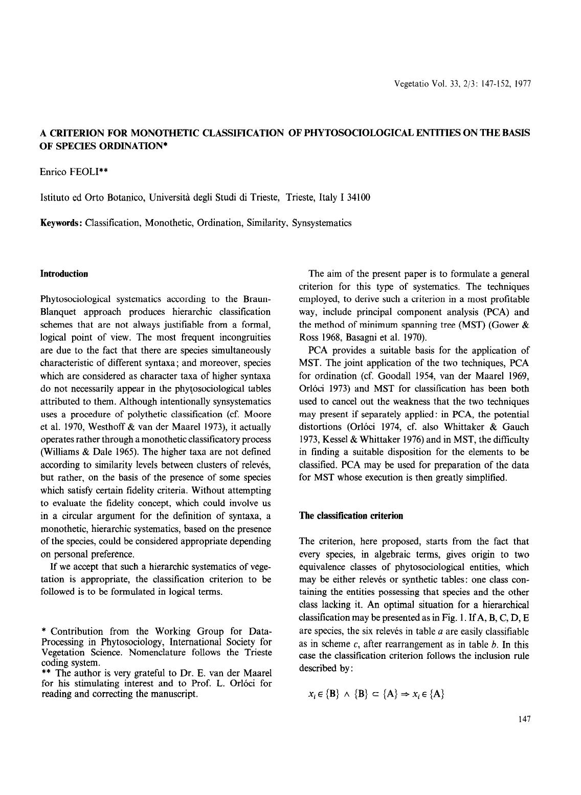 A criterion for monothetic classification of phytosociological entities on the basis of species ordination by Unknown