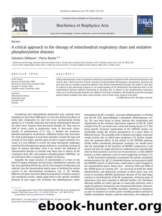 A critical approach to the therapy of mitochondrial respiratory chain and oxidative phosphorylation diseases by Salvatore DiMauro; Pierre Rustin