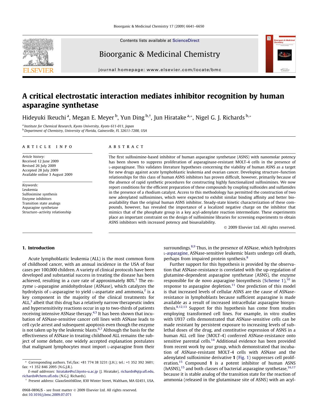 A critical electrostatic interaction mediates inhibitor recognition by human asparagine synthetase by Hideyuki Ikeuchi; Megan E. Meyer; Yun Ding; Jun Hiratake; Nigel G.J. Richards