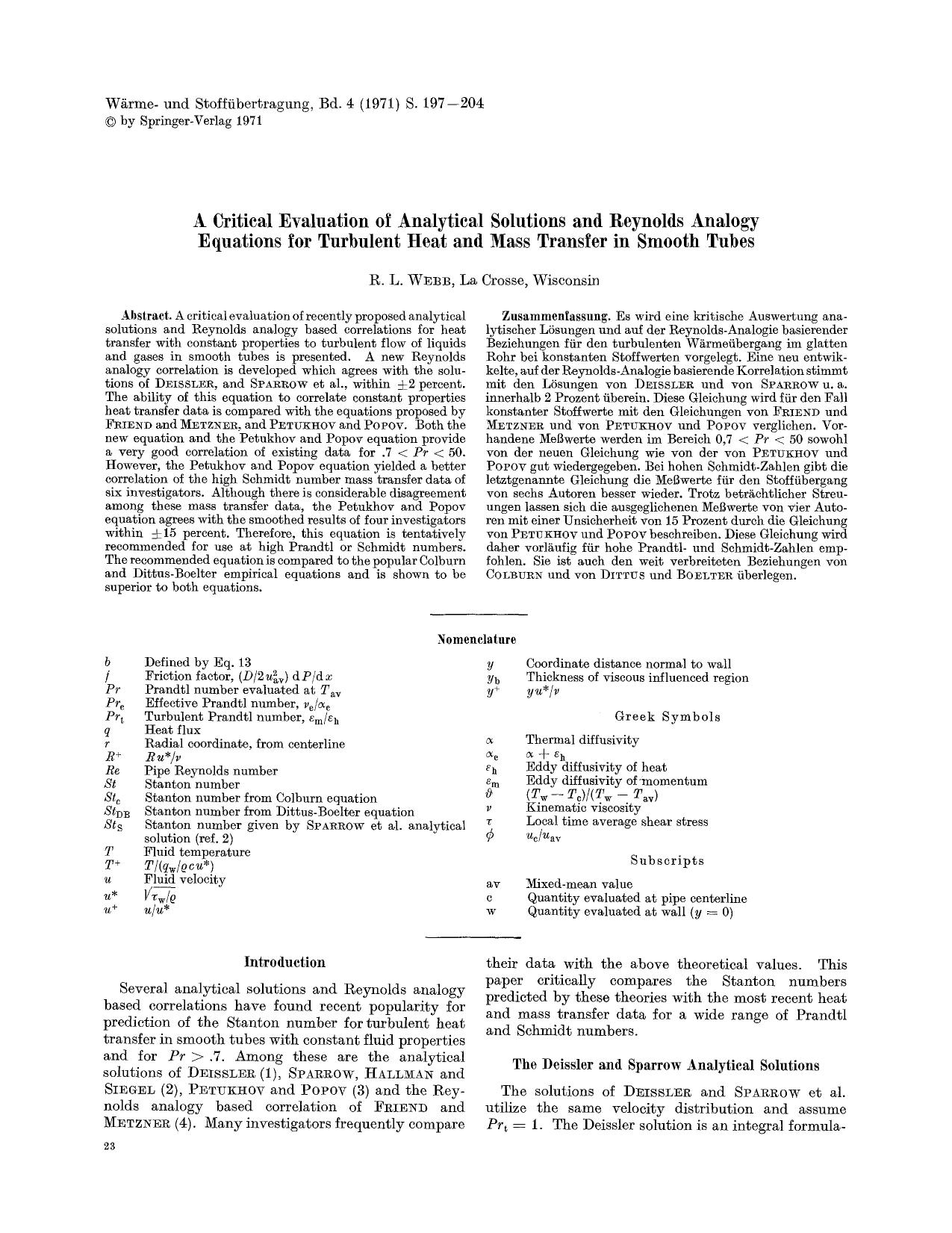 A critical evaluation of analytical solutions and reynolds analogy equations for turbulent heat and mass transfer in smooth tubes by unknow
