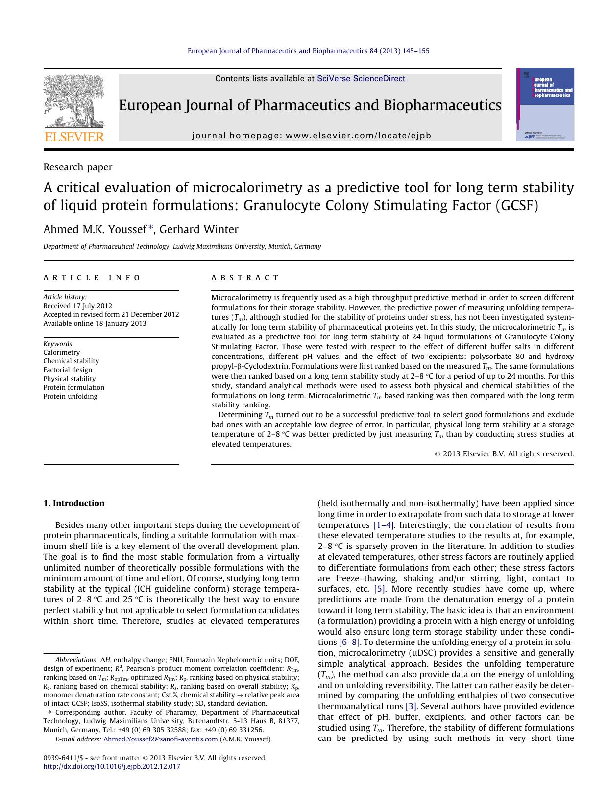 A critical evaluation of microcalorimetry as a predictive tool for long term stability of liquid protein formulations: Granulocyte Colony Stimulating Factor (GCSF) by Ahmed M.K. Youssef & Gerhard Winter