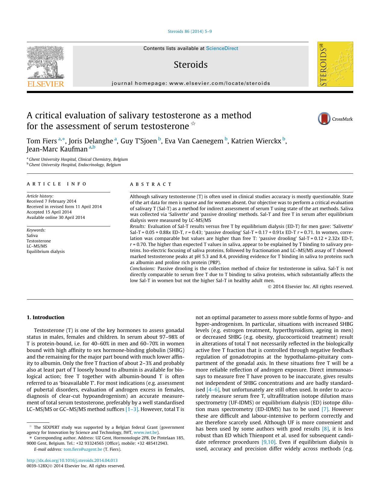 A critical evaluation of salivary testosterone as a method for the assessment of serum testosterone by Tom Fiers & Joris Delanghe & Guy T’Sjoen & Eva Van Caenegem & Katrien Wierckx & Jean-Marc Kaufman