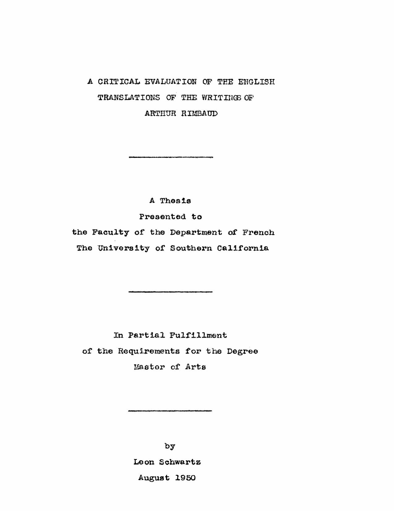 A critical evaluation of the English translations of the writings of Arthur Rimbaud by Schwartz Leon