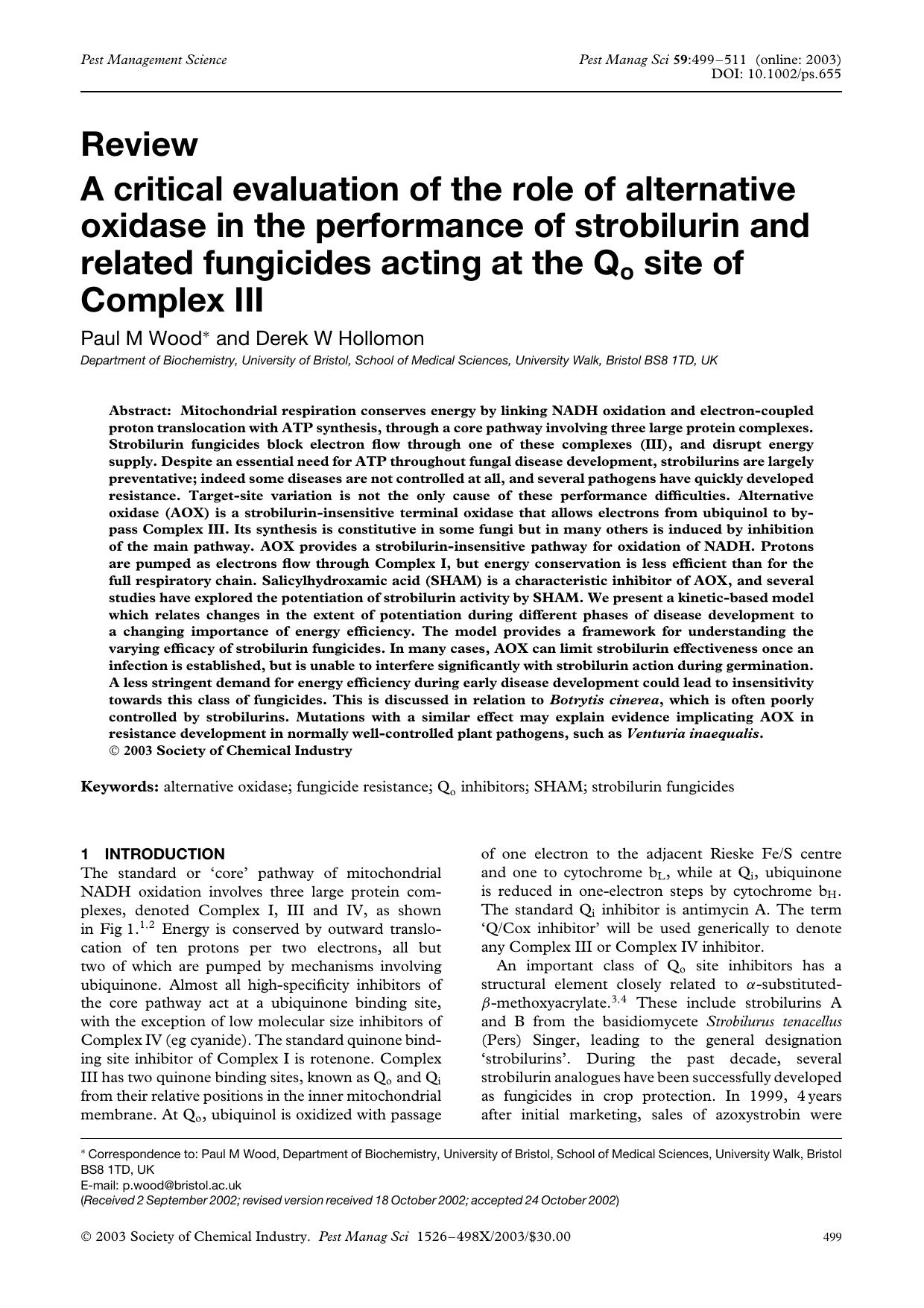 A critical evaluation of the role of alternative oxidase in the performance of strobilurin and related fungicides acting at the Qo site of Complex III by Unknown