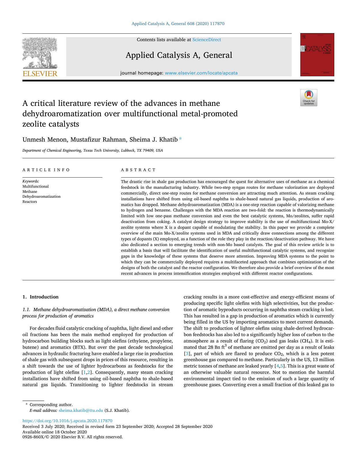 A critical literature review of the advances in methane dehydroaromatization over multifunctional metal-promoted zeolite catalysts by Unmesh Menon & Mustafizur Rahman & Sheima J. Khatib