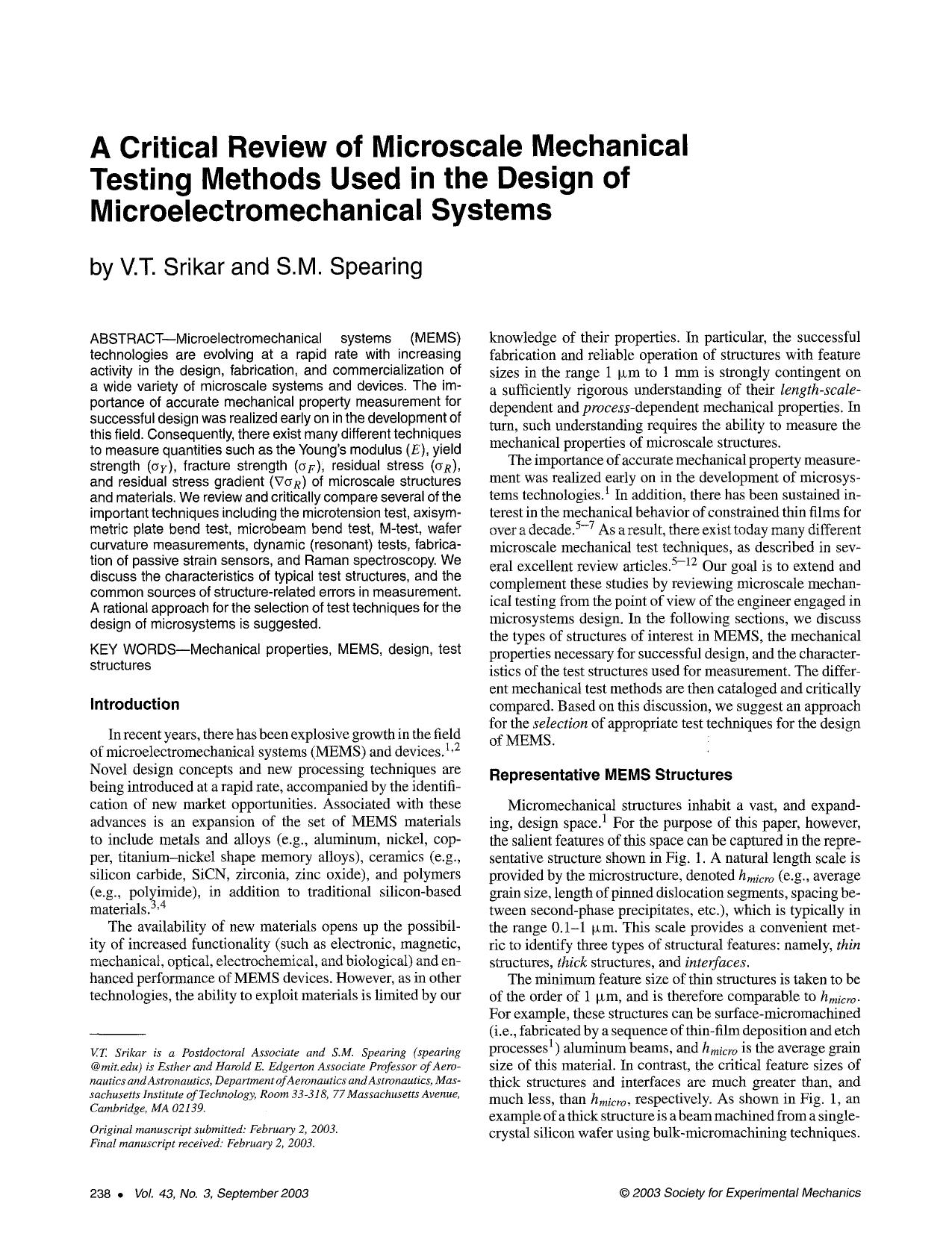 A critical review of microscale mechanical testing methods used in the design of microelectromechanical systems by Unknown