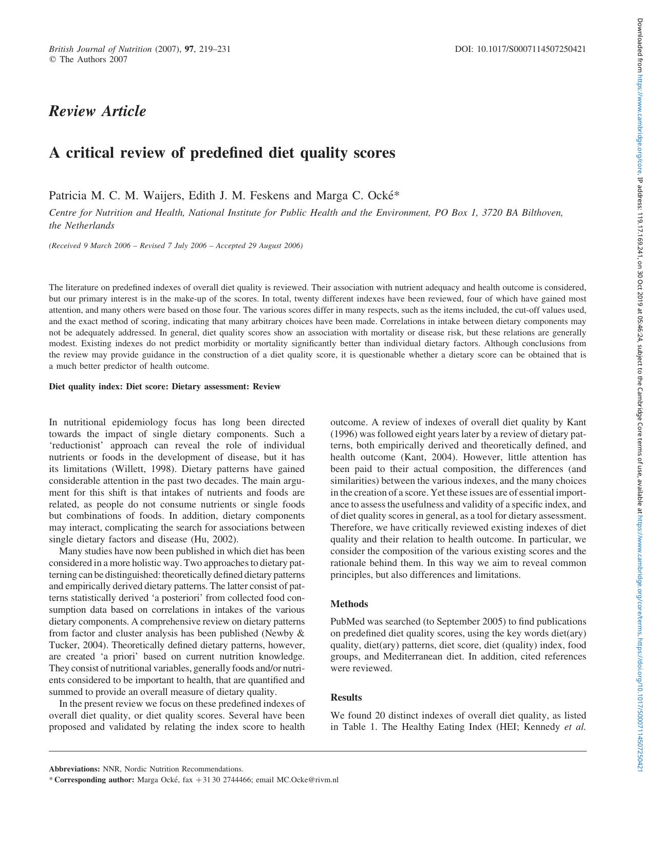 A critical review of predefined diet quality scores by Patricia M. C. M. Waijers Edith J. M. Feskens Marga C. Ocké