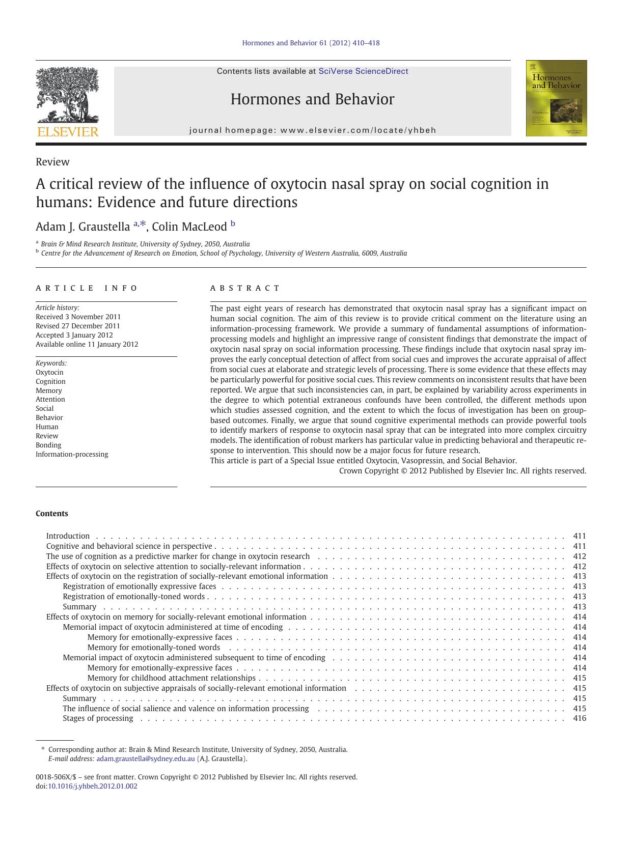 A critical review of the influence of oxytocin nasal spray on social cognition in humans: Evidence and future directions by Adam J. Graustella & Colin MacLeod