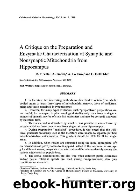 A critique on the preparation and enzymatic characterization of synaptic and nonsynaptic mitochondria from hippocampus by Unknown