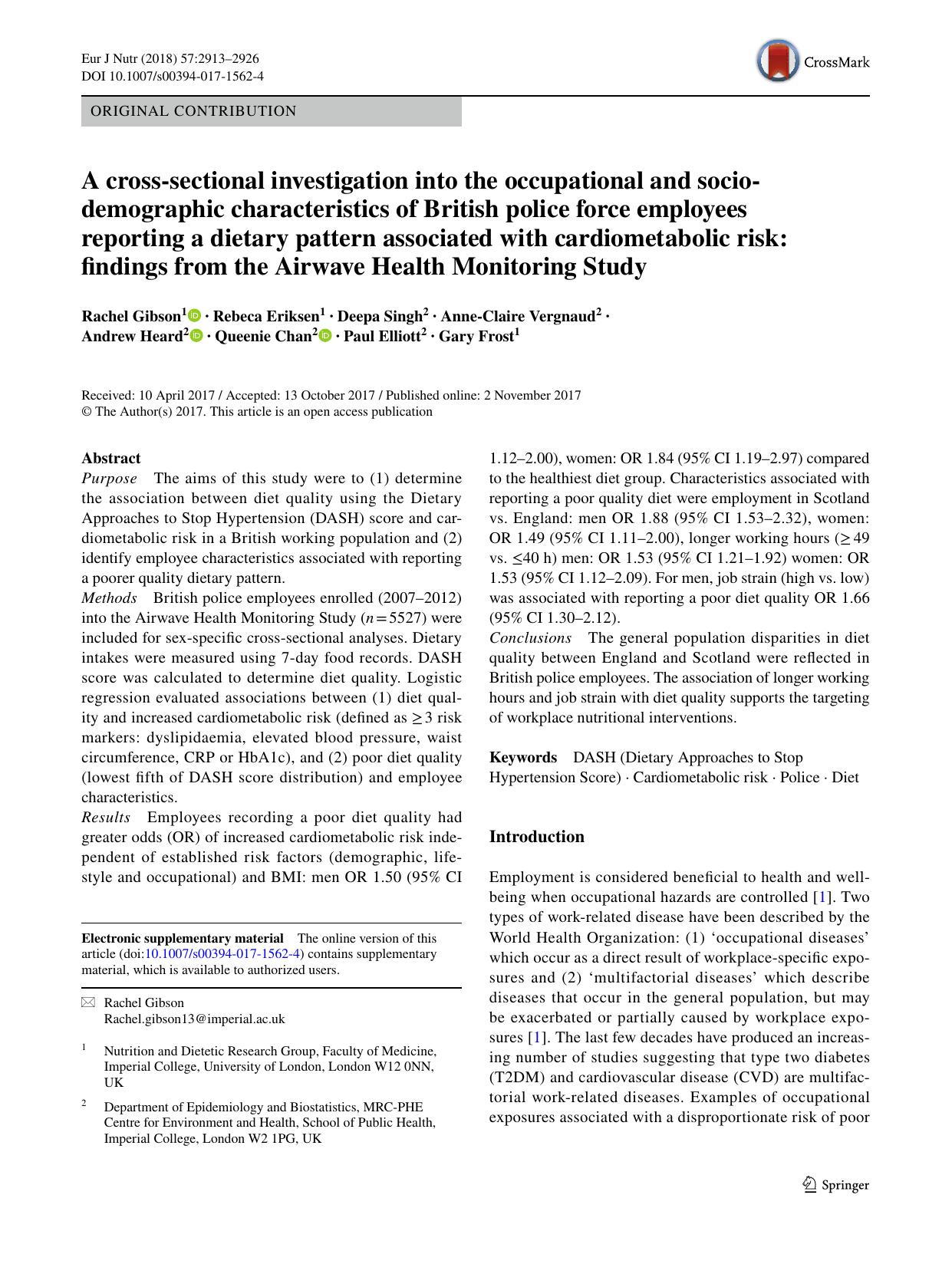 A cross-sectional investigation into the occupational and socio-demographic characteristics of British police force employees reporting a dietary pattern associated with cardiometa by Rachel Gibson