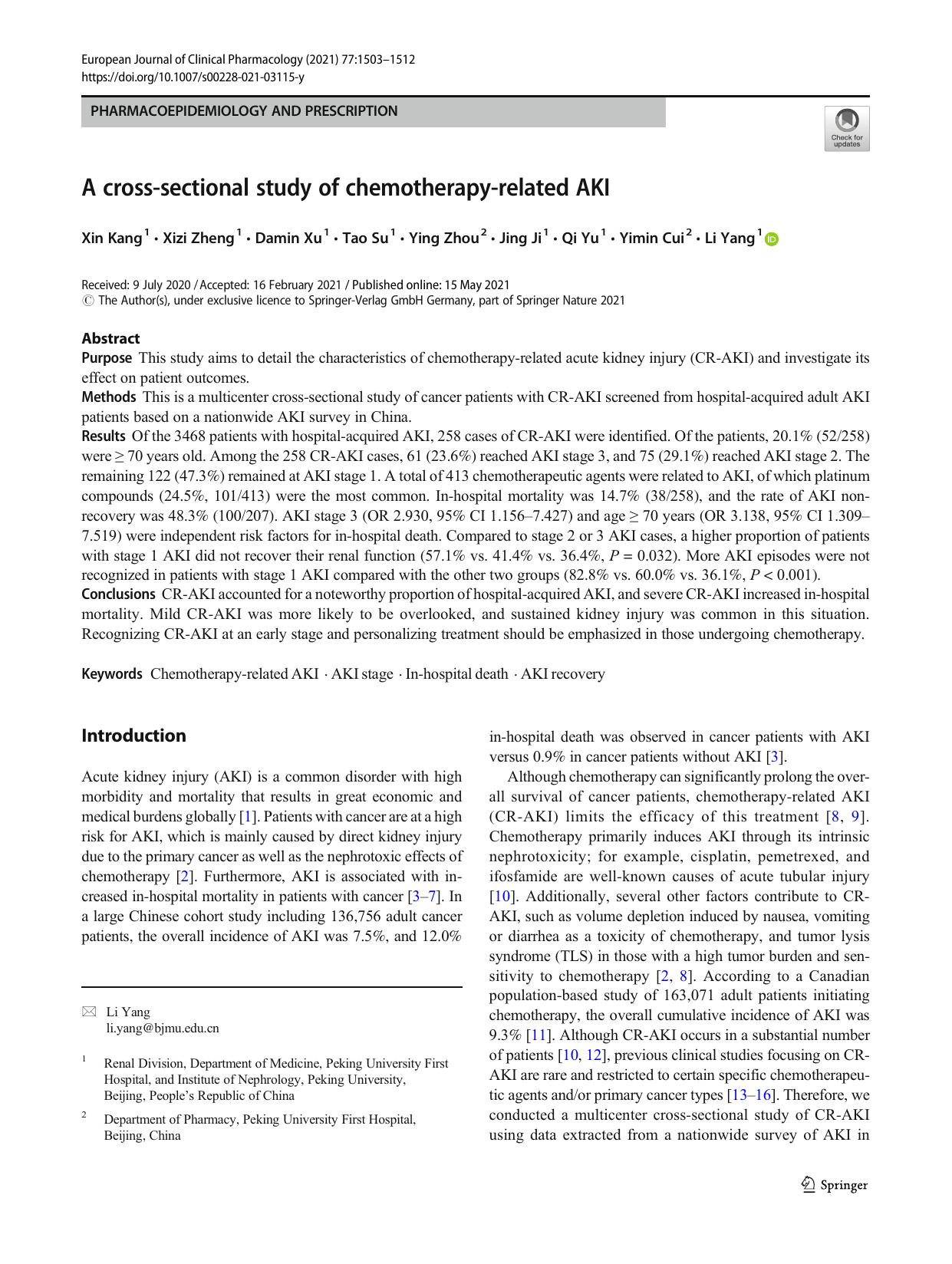 A cross-sectional study of chemotherapy-related AKI by Xin Kang & Xizi Zheng & Damin Xu & Tao Su & Ying Zhou & Jing Ji & Qi Yu & Yimin Cui & Li Yang