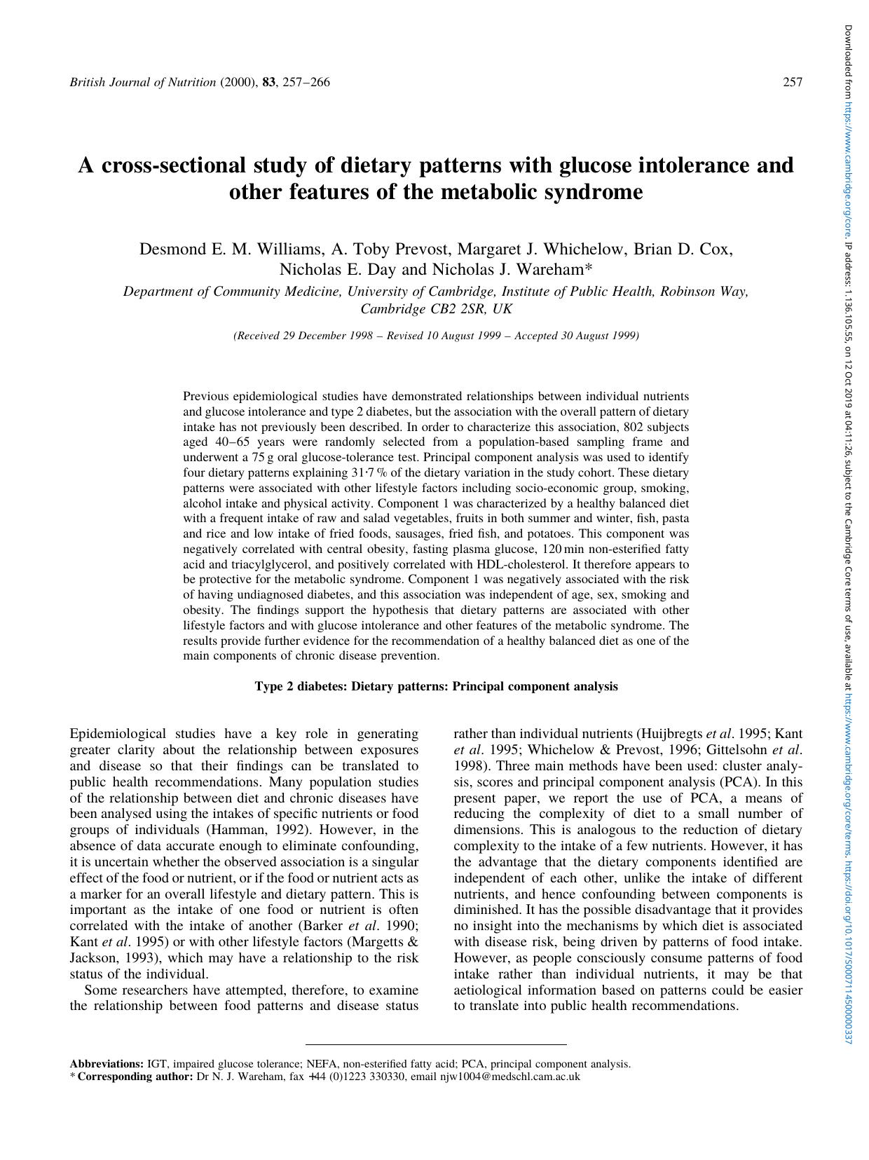 A cross-sectional study of dietary patterns with glucose intolerance and other features of the metabolic syndrome by unknow