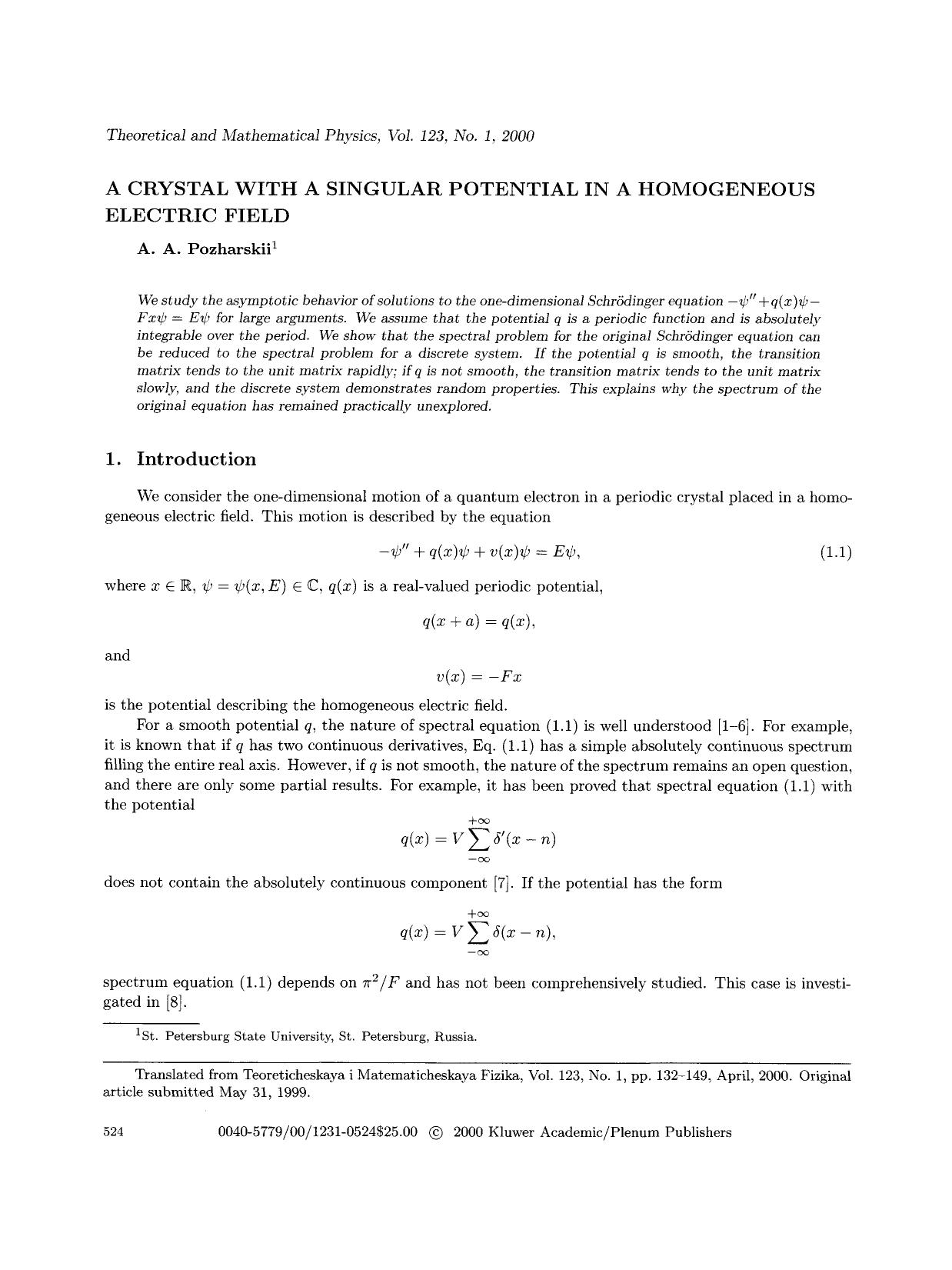 A crystal with a singular potential in a homogeneous electric field by Unknown
