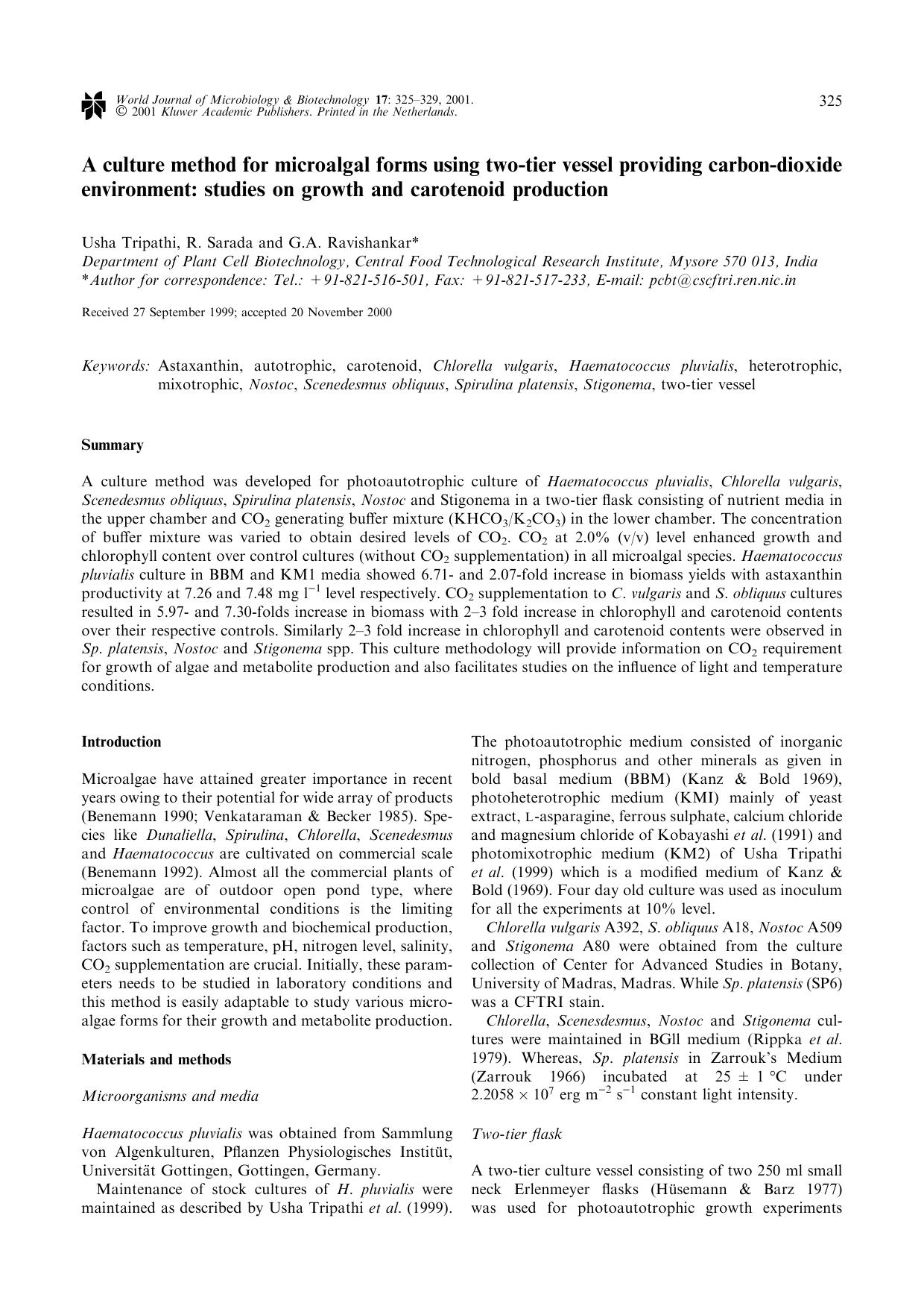 A culture method for microalgal forms using two-tier vessel providing carbon-dioxide environment: studies on growth and carotenoid production by Unknown