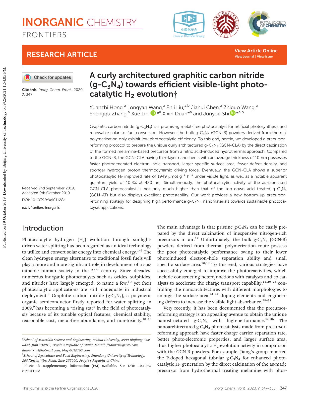 A curly architectured graphitic carbon nitride (g-C3N4) towards efficient visible-light photocatalytic H2 evolution by unknow
