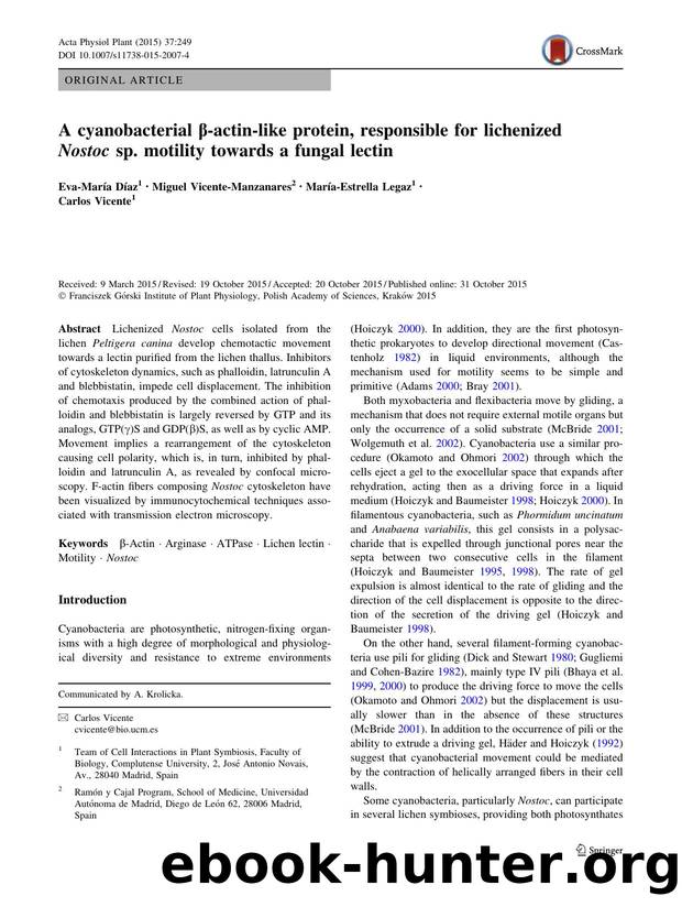 A cyanobacterial Î²-actin-like protein, responsible for lichenized Nostoc sp. motility towards a fungal lectin by Eva-María Díaz & Miguel Vicente-Manzanares & María-Estrella Legaz & Carlos Vicente