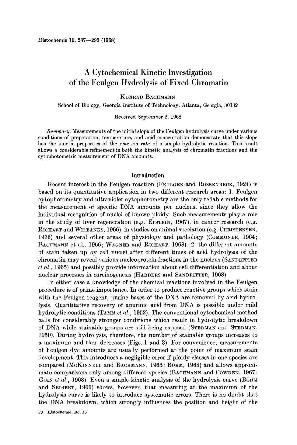 A cytochemical kinetic investigation of the feulgen hydrolysis of fixed chromatin by Unknown