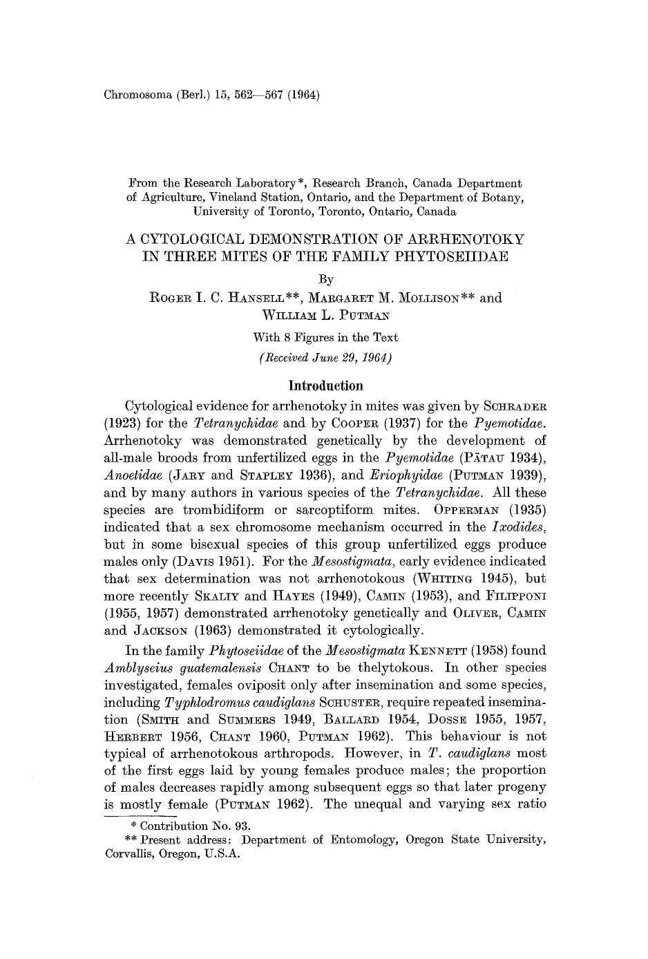 A cytological demonstration of arrhenotoky in three mites of the family Phytoseiidae by Unknown