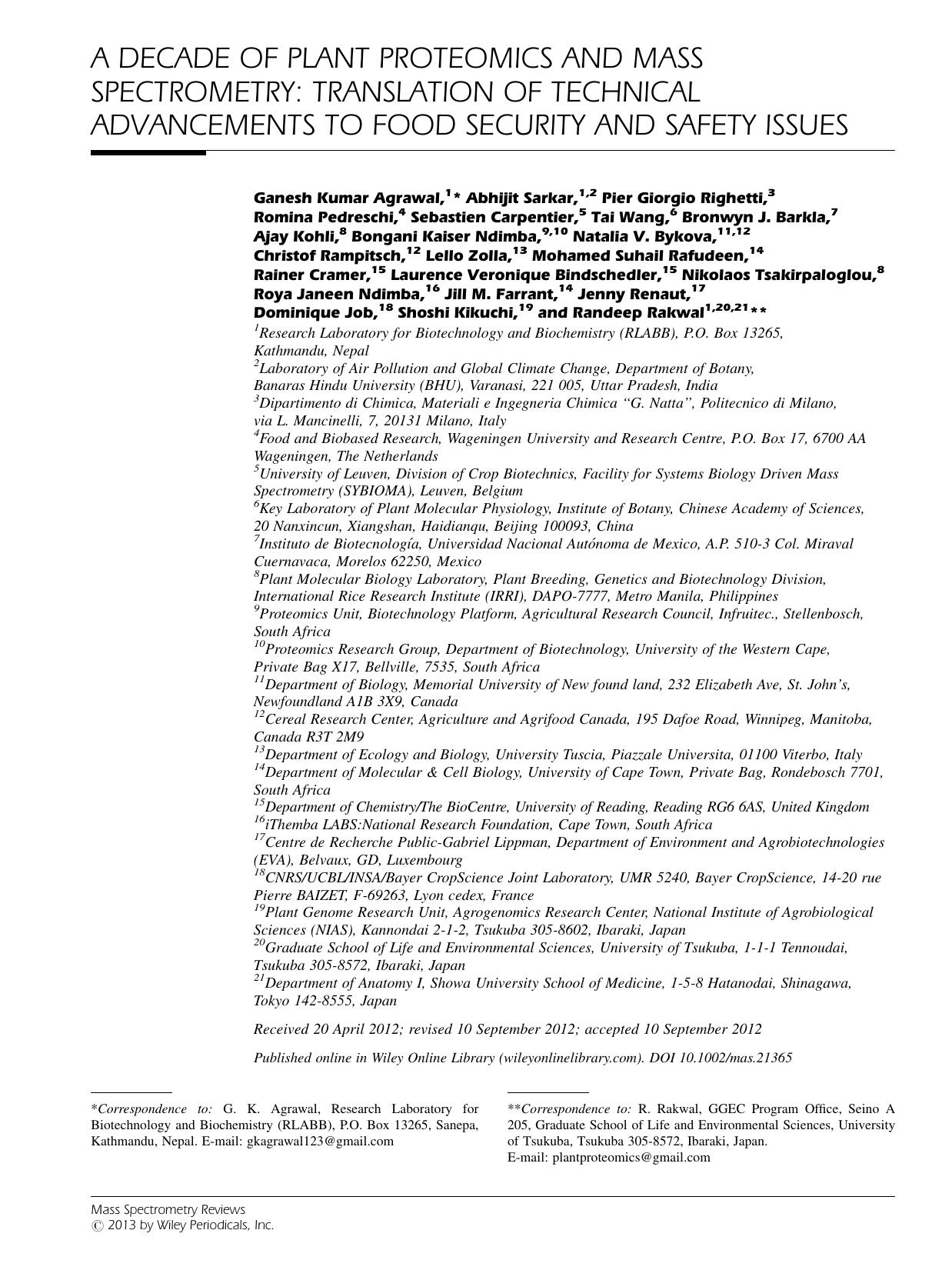 A decade of plant proteomics and mass spectrometry: Translation of technical advancements to food security and safety issues by Unknown