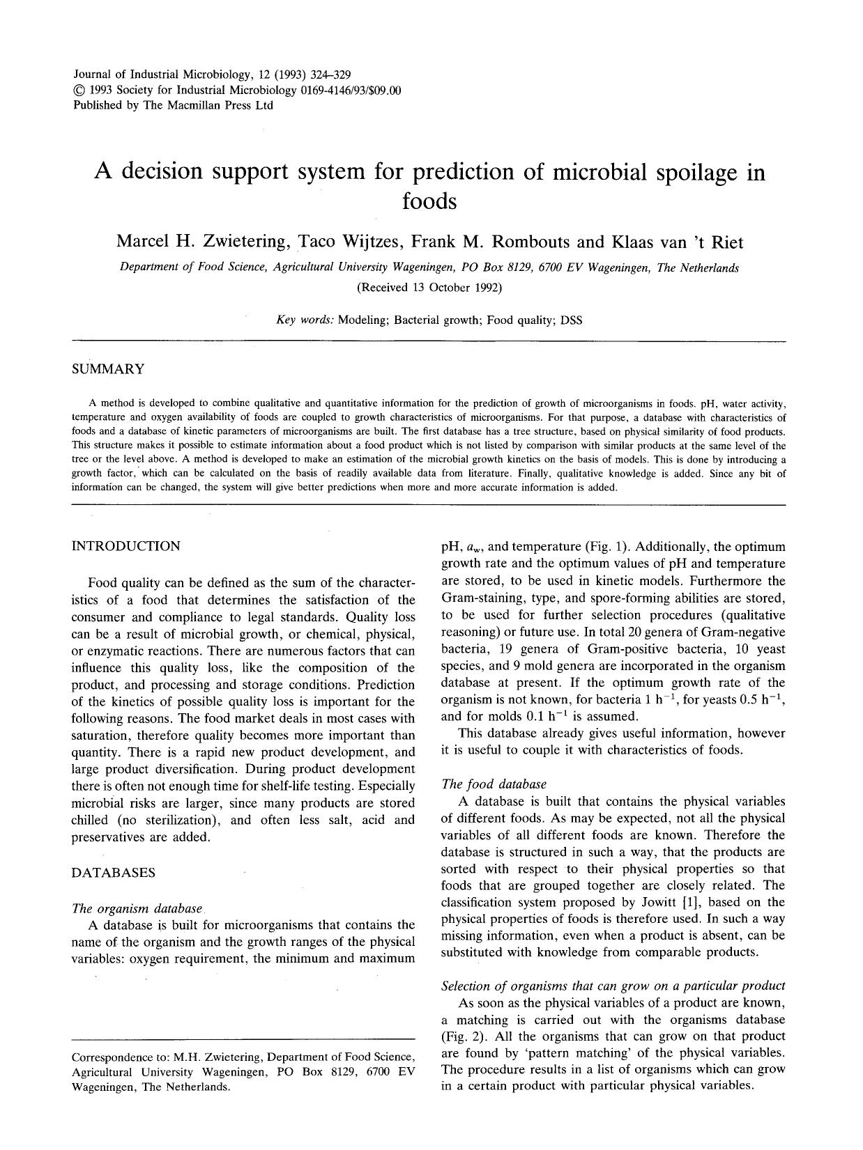 A decision support system for prediction of microbial spoilage in foods by Unknown