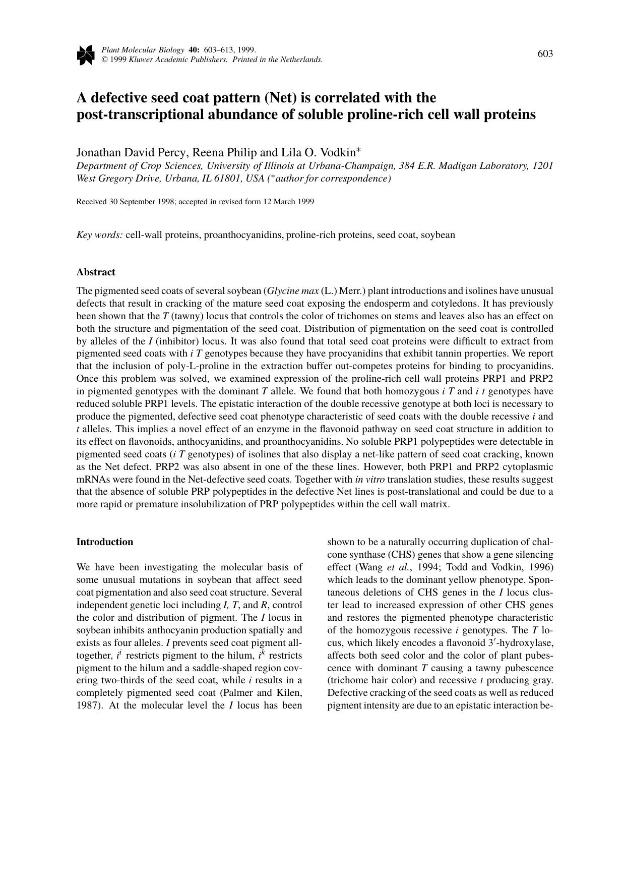 A defective seed coat pattern (Net) is correlated with the post-transcriptional abundance of soluble proline-rich cell wall proteins by Unknown