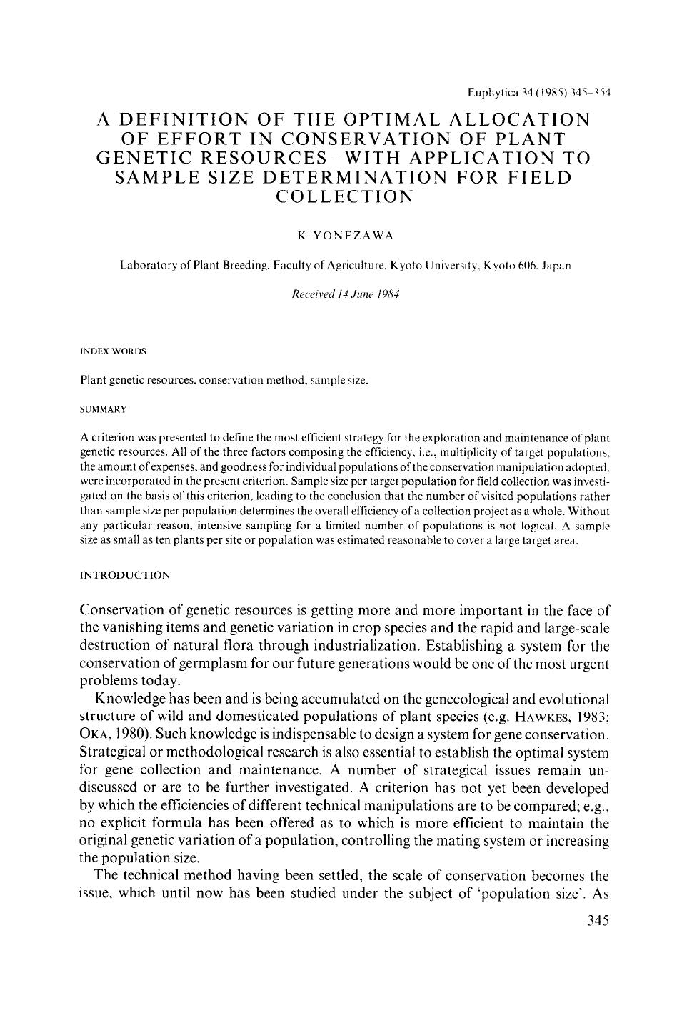 A definition of the optimal allocation of effort in conservation of plant genetic resources-with application to sample size determination for field collection by Unknown