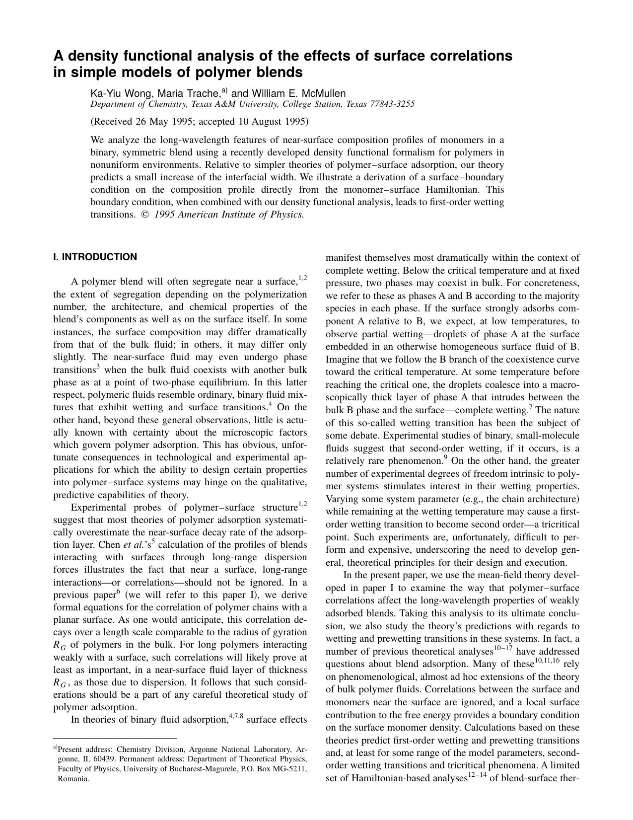 A density functional analysis of the effects of surface correlations in simple models of polymer blends by Ka-Yiu Wong & Maria Trache & and William E. McMullen
